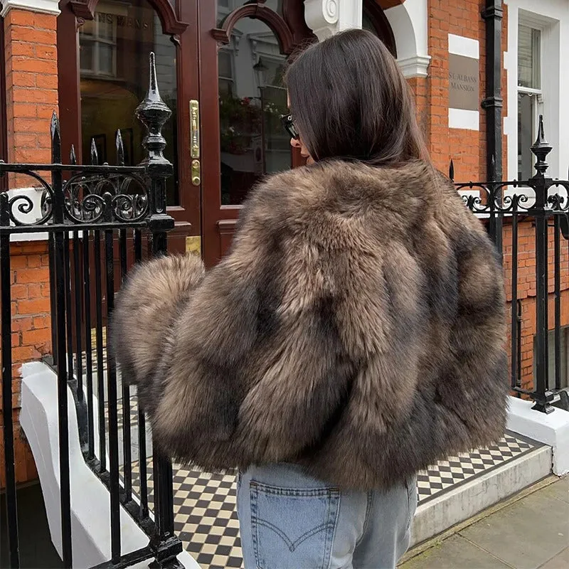 Vintage Winter Women Round Neck Faux Fur Short Coats Elegant Thick Large Cuffs Solid Fur Coat Warm Lady Chic High Street Outwear