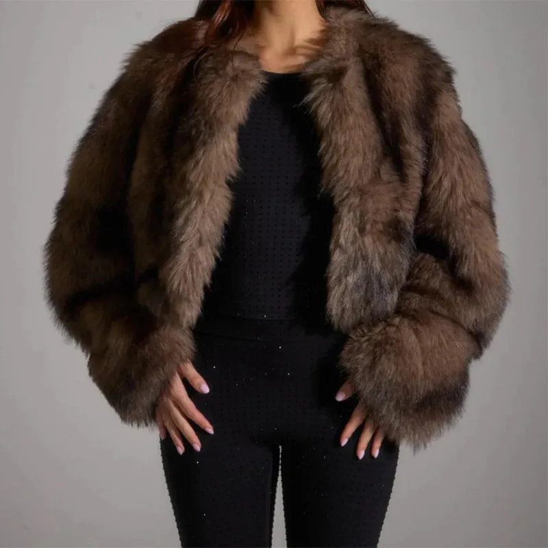 Vintage Winter Women Round Neck Faux Fur Short Coats Elegant Thick Large Cuffs Solid Fur Coat Warm Lady Chic High Street Outwear