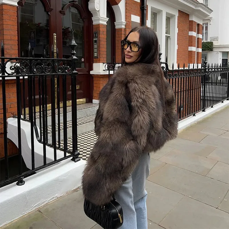 Vintage Winter Women Round Neck Faux Fur Short Coats Elegant Thick Large Cuffs Solid Fur Coat Warm Lady Chic High Street Outwear