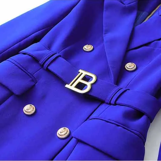 Women Royal Blue Double Breasted Blazer Trench Coat Mini Dress