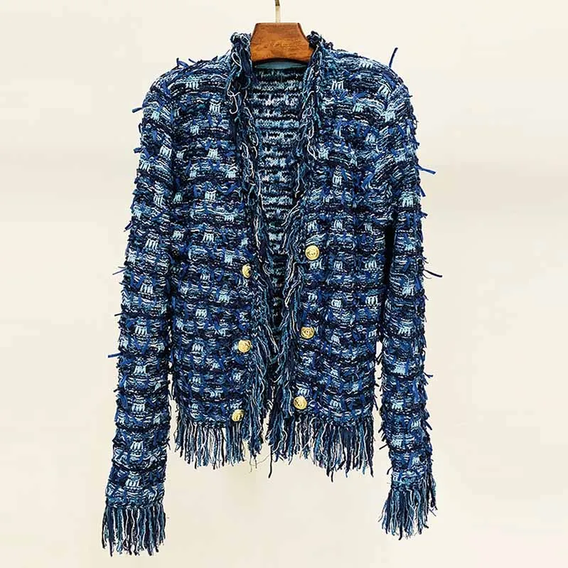 Women Tweed Jacket With Fringe And Gold-tone Double-breasted Cardigan Jacket